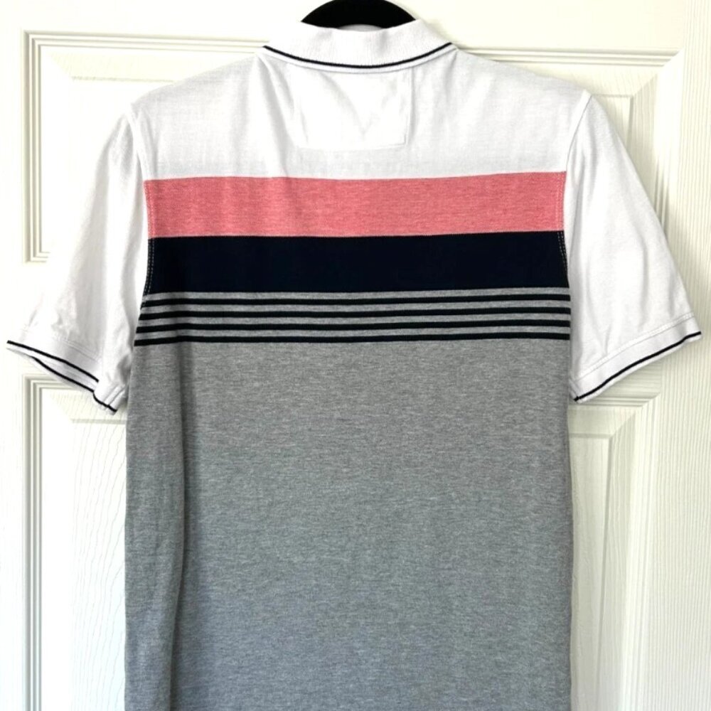 Banana Republic Men’s Striped Polo Shirt Size S Gray Navy Red White Cotton LOGO - Picture 2 of 5